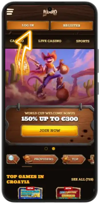 Lizaro Casino instant casino mobile homepage with Log In button