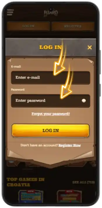 Lizaro Casino instant casino login form with email and password fields