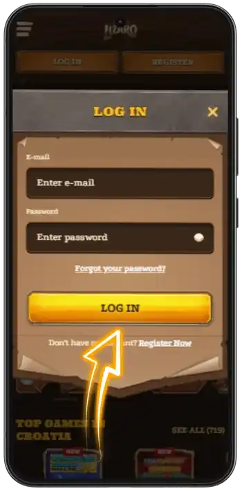 Lizaro Casino instant casino Log In button on mobile screen