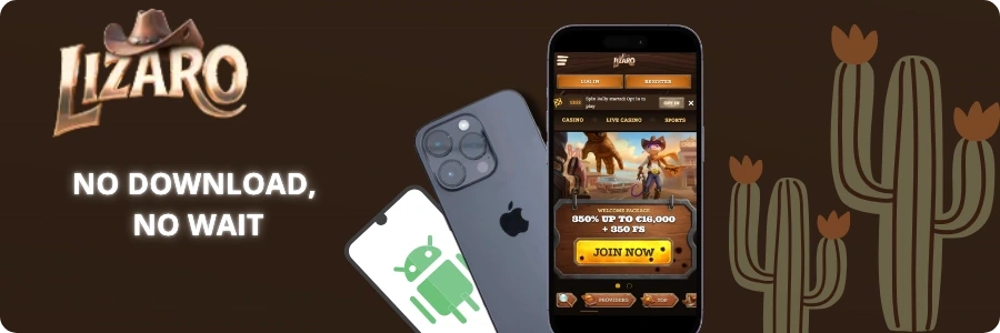 A player adds the Lizaro Casino shortcut to a phone home screen in a few seconds.