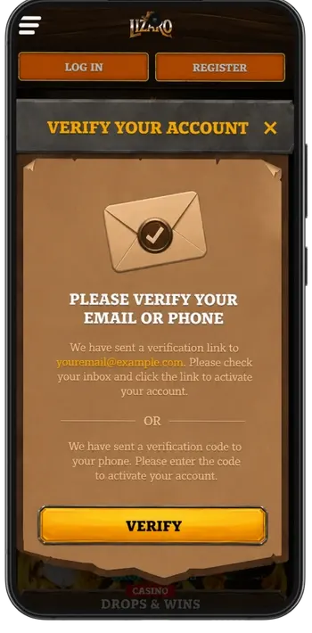 A confirmation screen where players verify their details to activate the Lizaro Casino welcome reward.