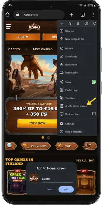 A player picks Add to Home screen to pin the Lizaro Casino shortcut on Android.