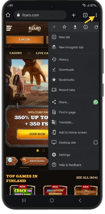 The Chrome menu opens on an Android phone during the Lizaro Casino shortcut setup.