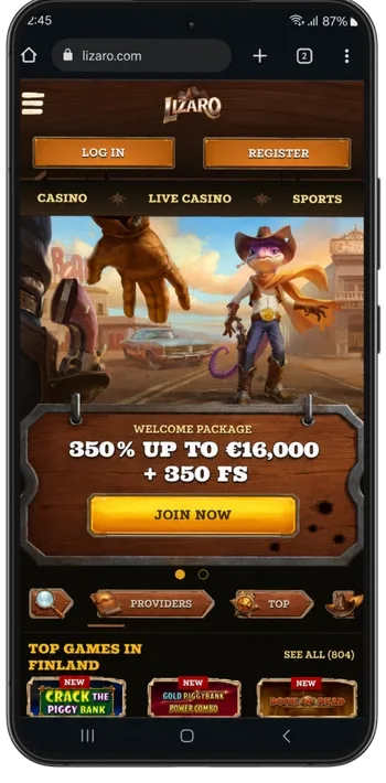 The Lizaro Casino homepage loads in an Android browser as the starting point for the shortcut setup.