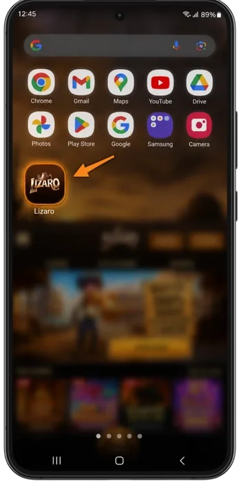 The finished Lizaro Casino icon sits on an Android home screen, ready to open the lobby.
