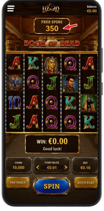A slot game running inside Lizaro Casino with free spins credited and ready to play through.