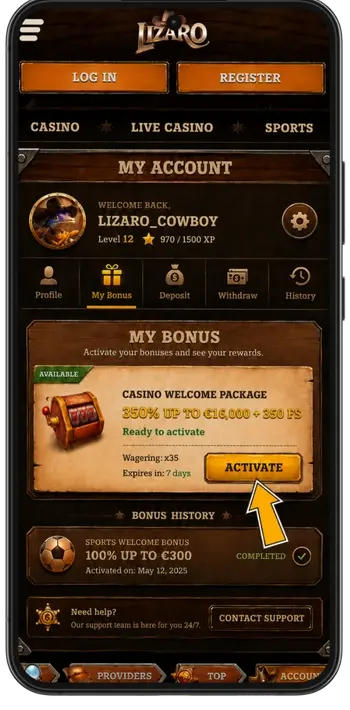 The bonus dashboard inside a Lizaro Casino account showing the free spins offer waiting to be activated.