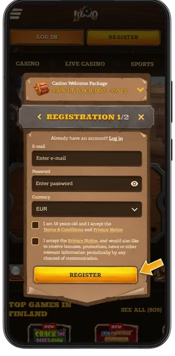 New players open the Lizaro Casino sign-up window to create an account before claiming free spins.